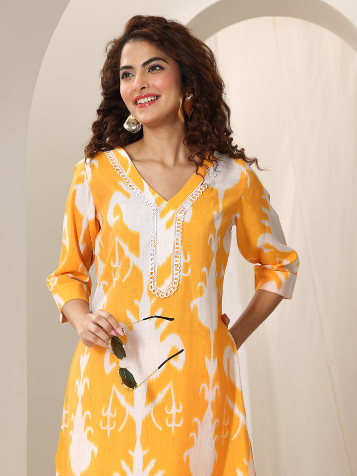 Mustard Printed Silk Blend Straight Kurta Set