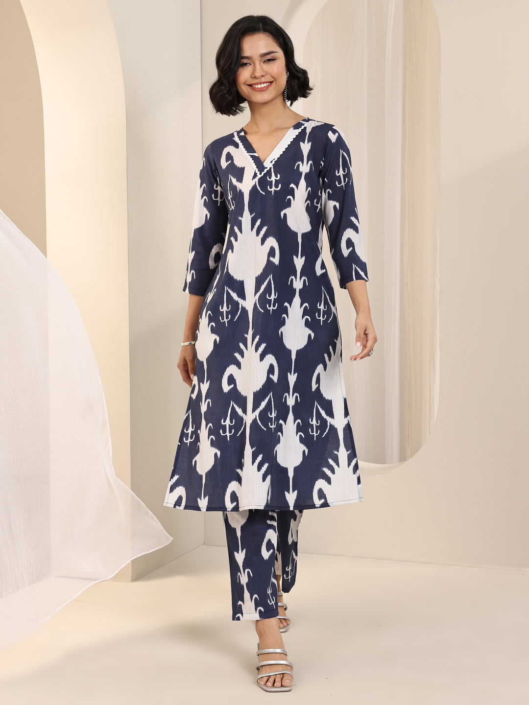 Blue Printed Silk Blend Straight Kurta Set