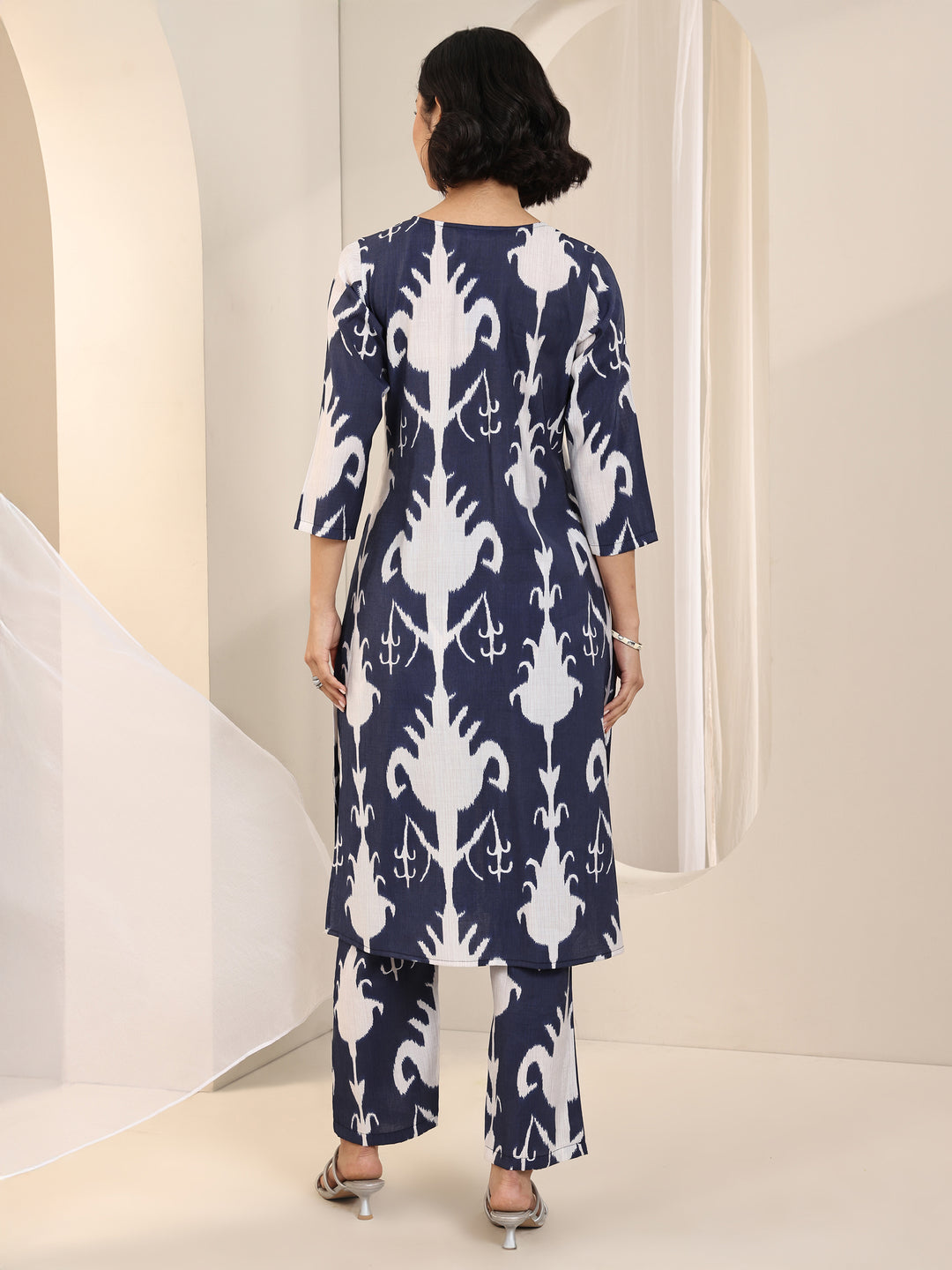 Blue Printed Silk Blend Straight Kurta Set