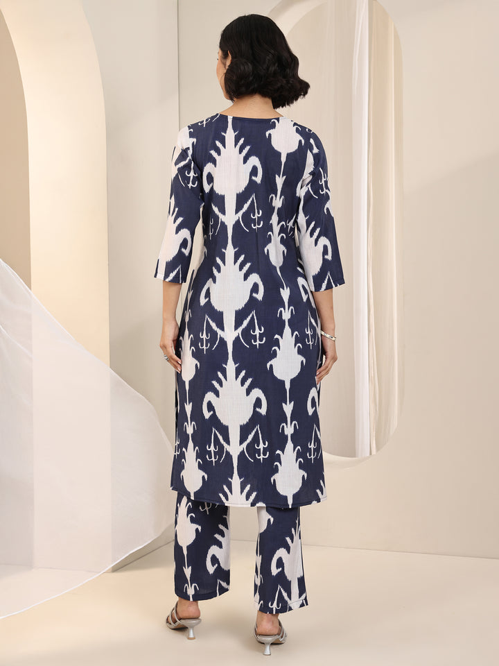 Blue Printed Silk Blend Straight Kurta Set