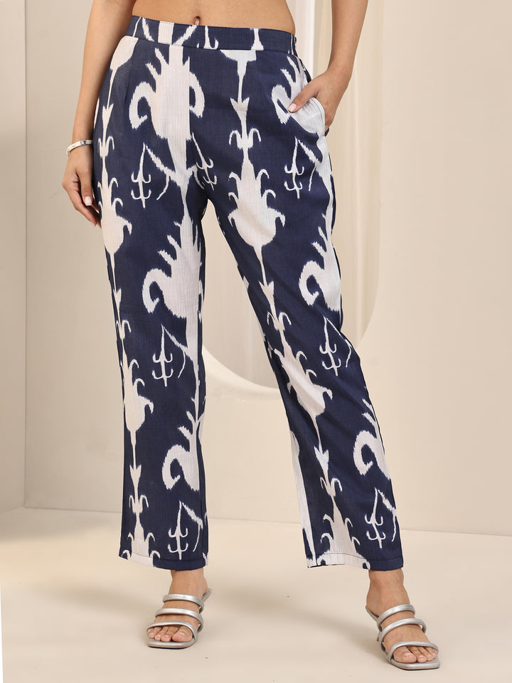 Blue Printed Silk Blend Straight Kurta Set