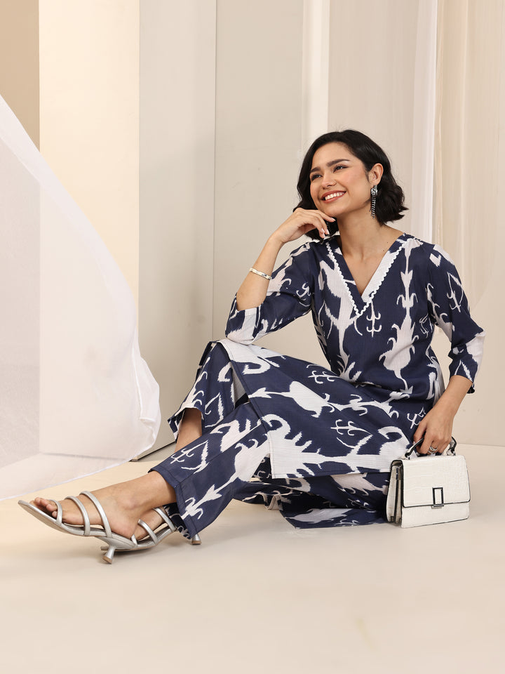 Blue Printed Silk Blend Straight Kurta Set