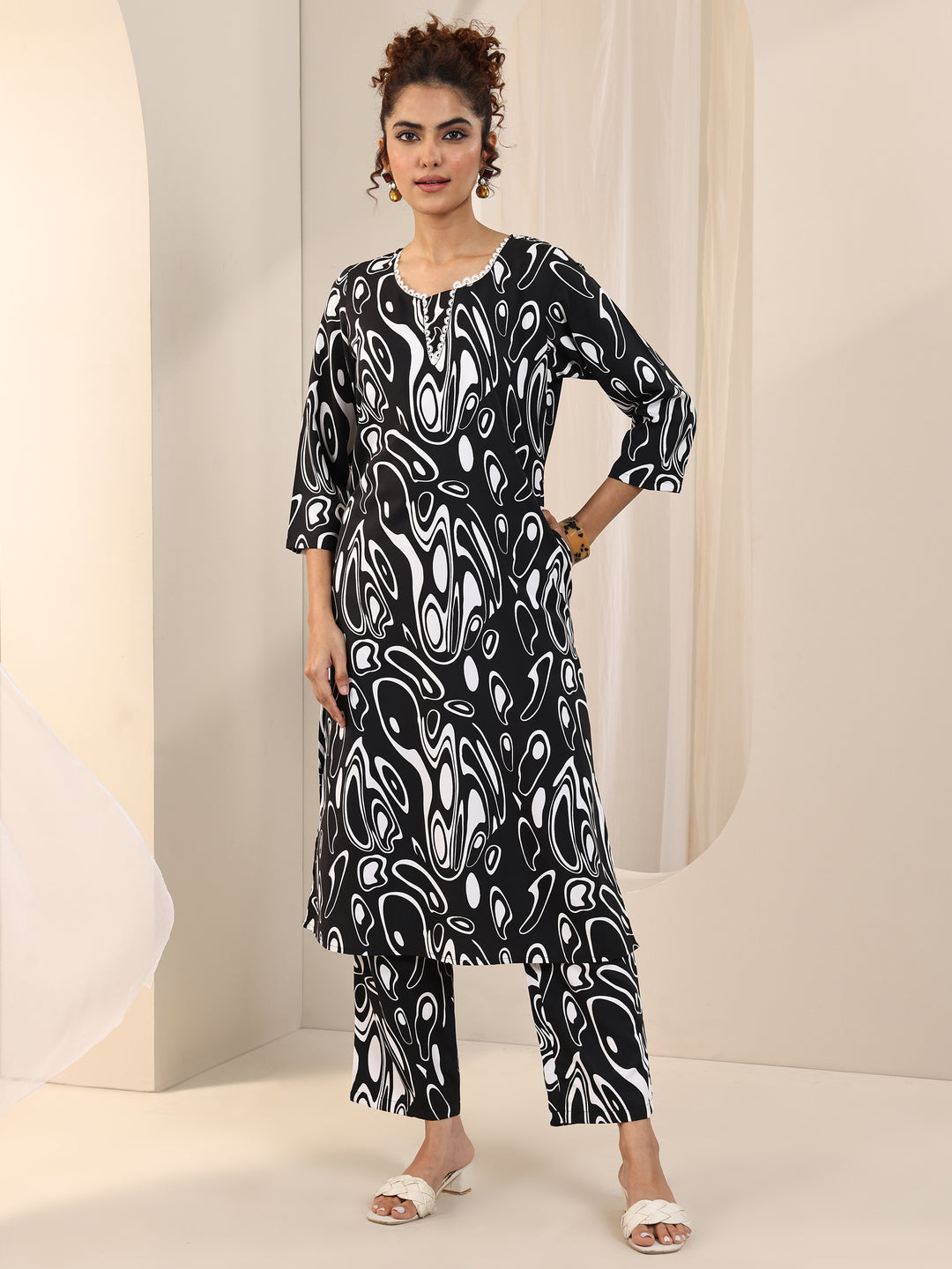 Black Printed Silk Blend Straight Kurta Set