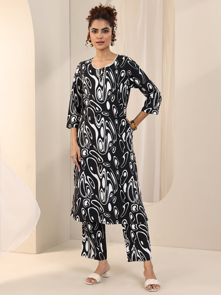 Black Printed Silk Blend Straight Kurta Set