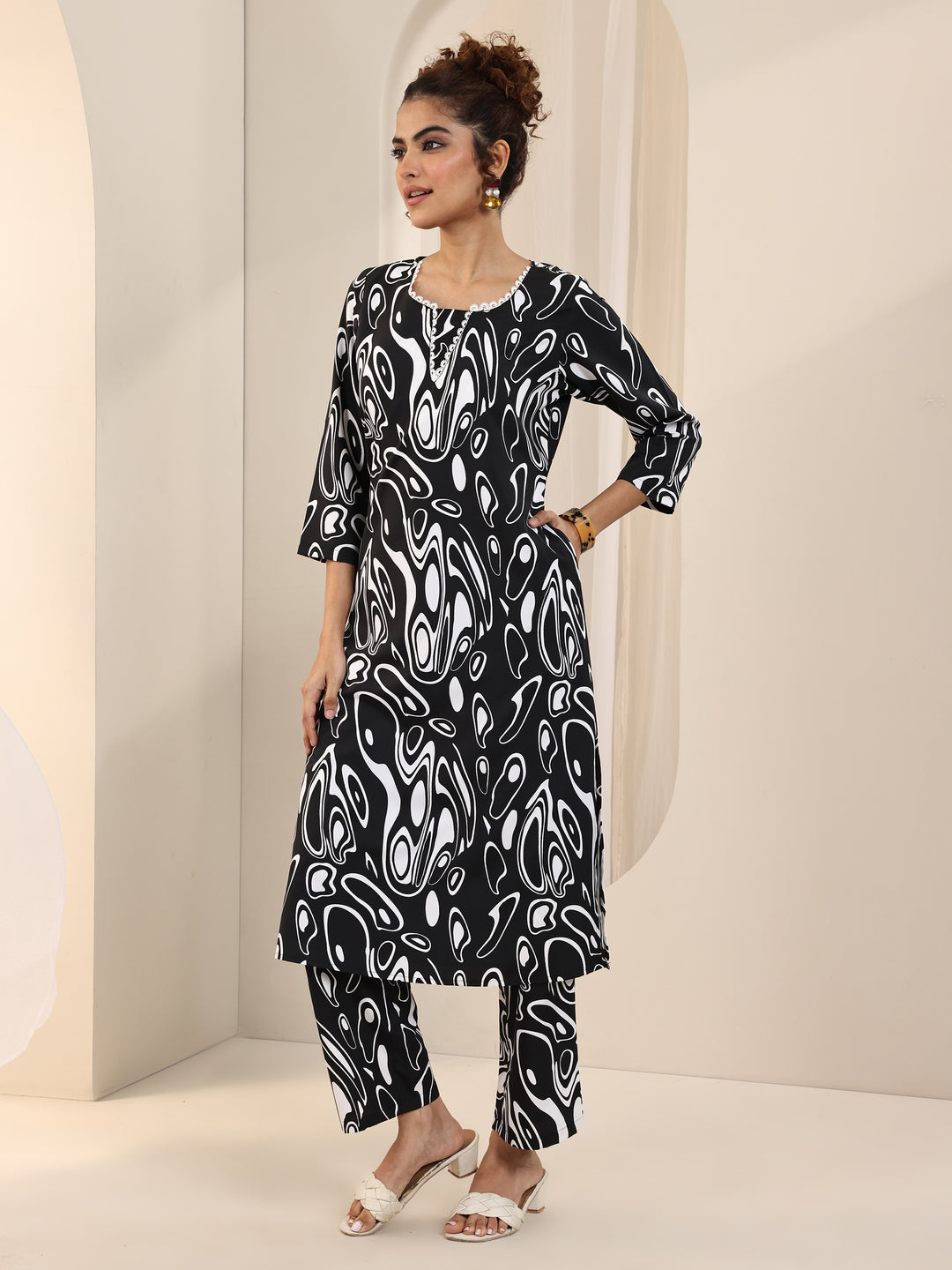 Black Printed Silk Blend Straight Kurta Set