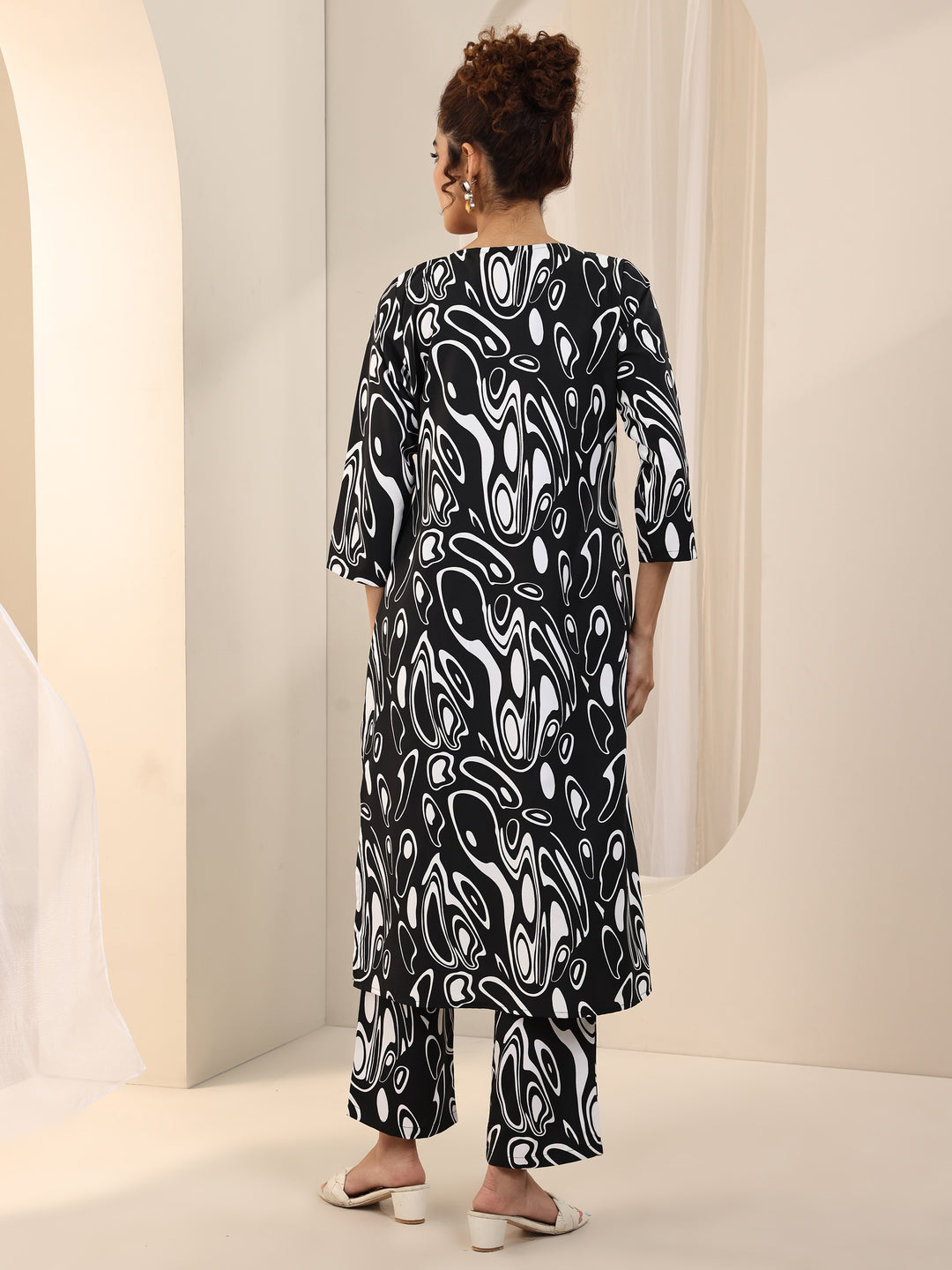 Black Printed Silk Blend Straight Kurta Set