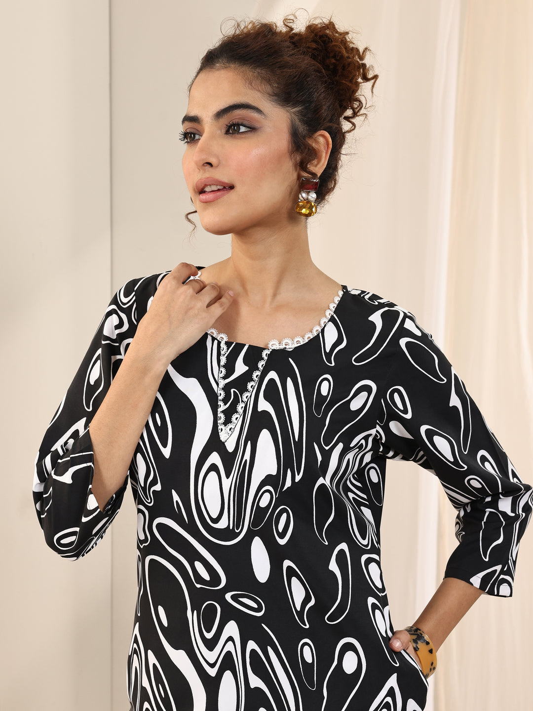 Black Printed Silk Blend Straight Kurta Set