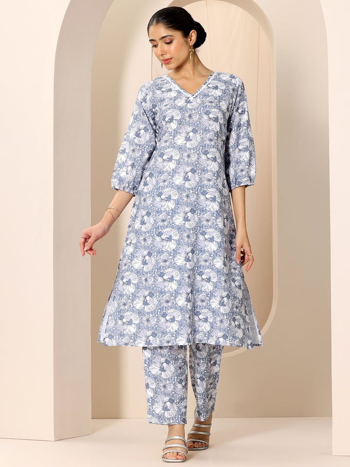 Blue Printed Rayon Straight Kurta Set