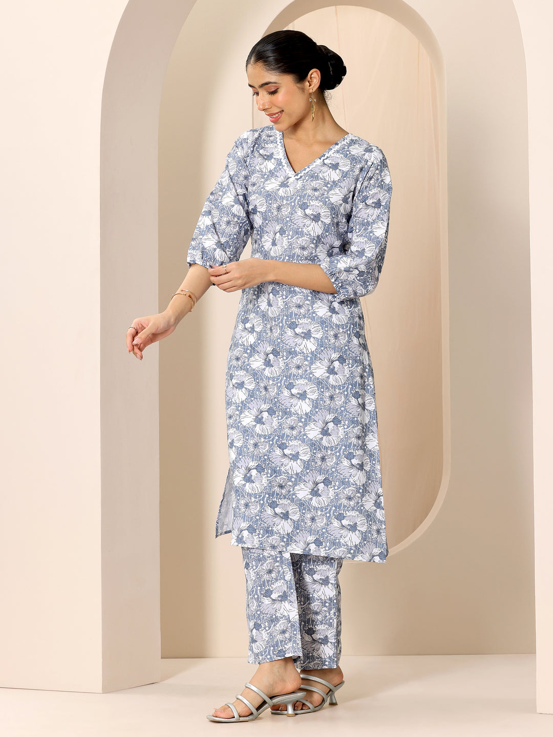 Blue Printed Rayon Straight Kurta Set