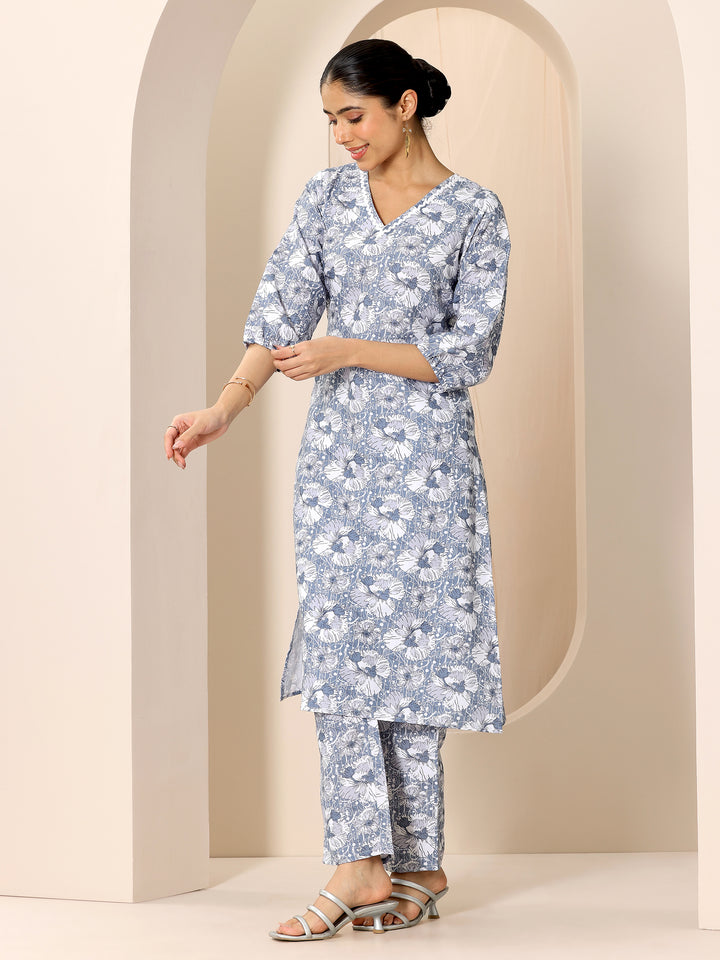 Blue Printed Rayon Straight Kurta Set