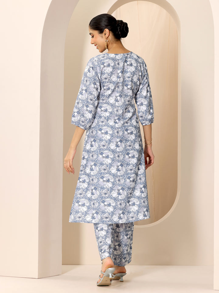 Blue Printed Rayon Straight Kurta Set