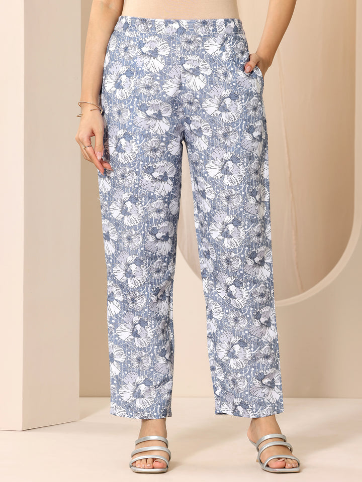 Blue Printed Rayon Straight Kurta Set