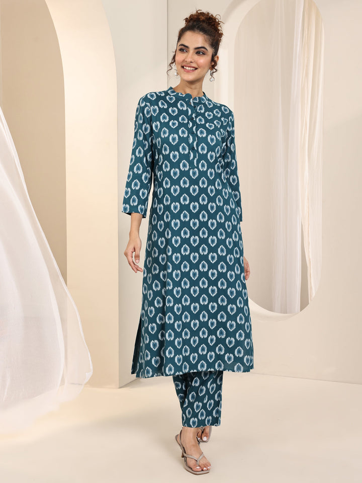 Teal Printed Rayon Straight Kurta Set
