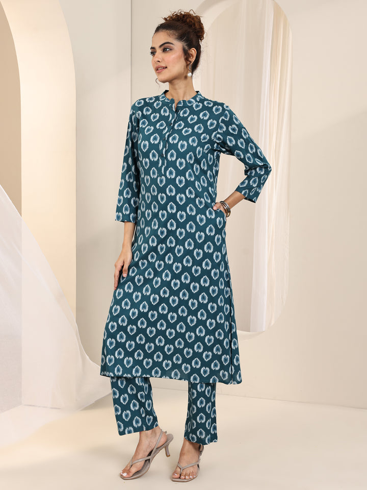 Teal Printed Rayon Straight Kurta Set