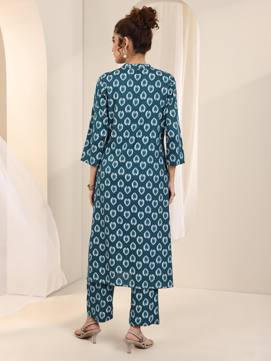 Teal Printed Rayon Straight Kurta Set