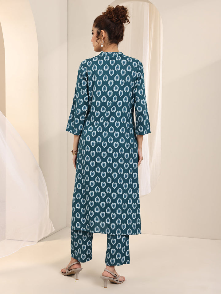 Teal Printed Rayon Straight Kurta Set