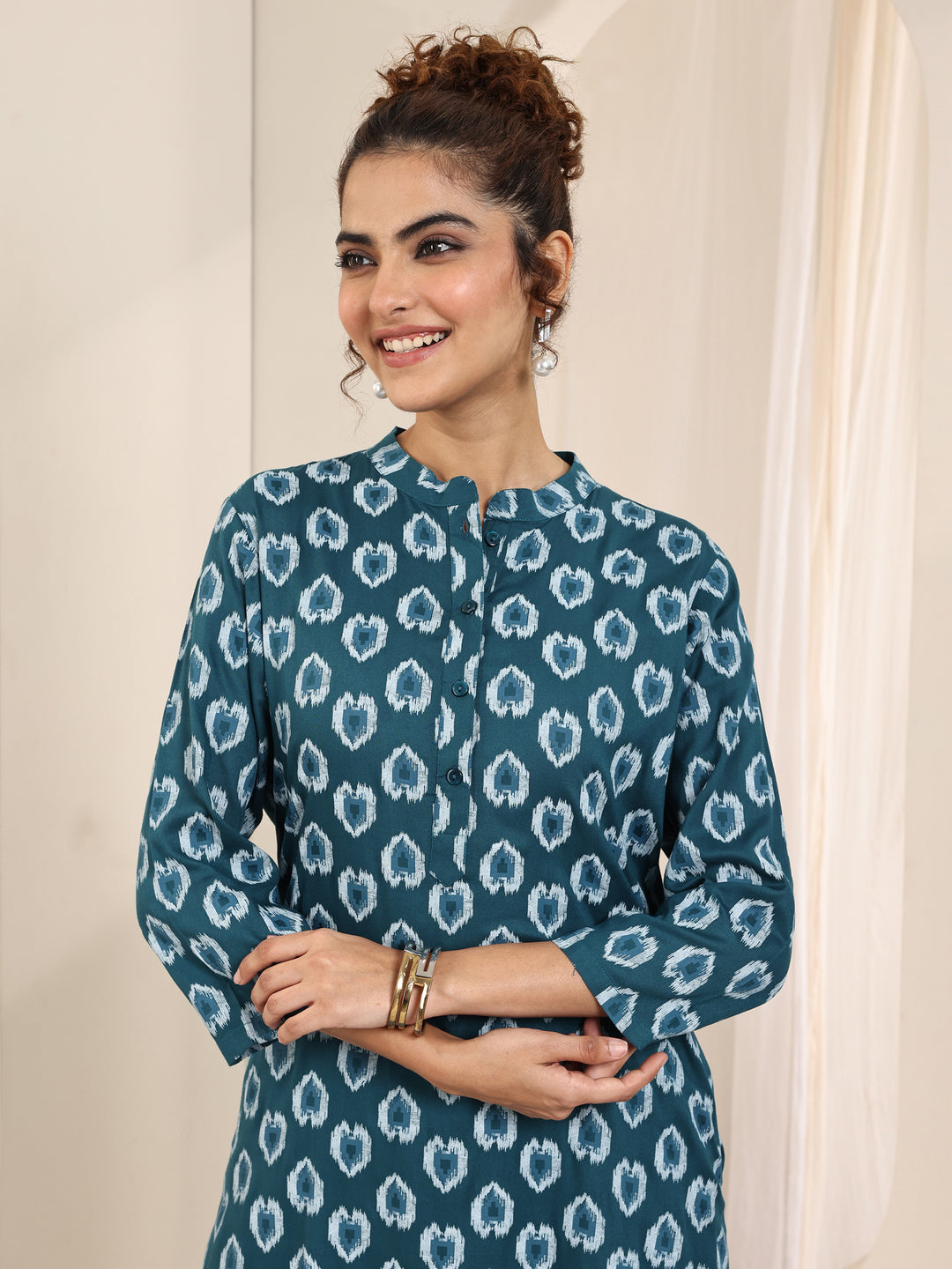 Teal Printed Rayon Straight Kurta Set