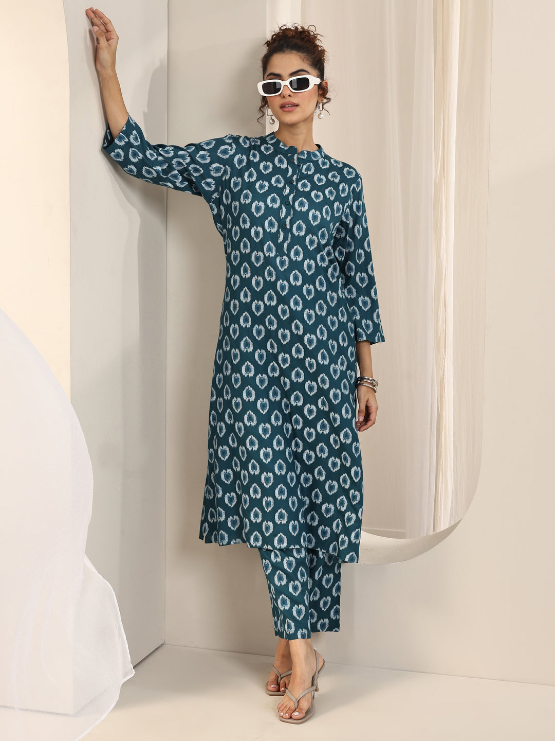 Teal Printed Rayon Straight Kurta Set
