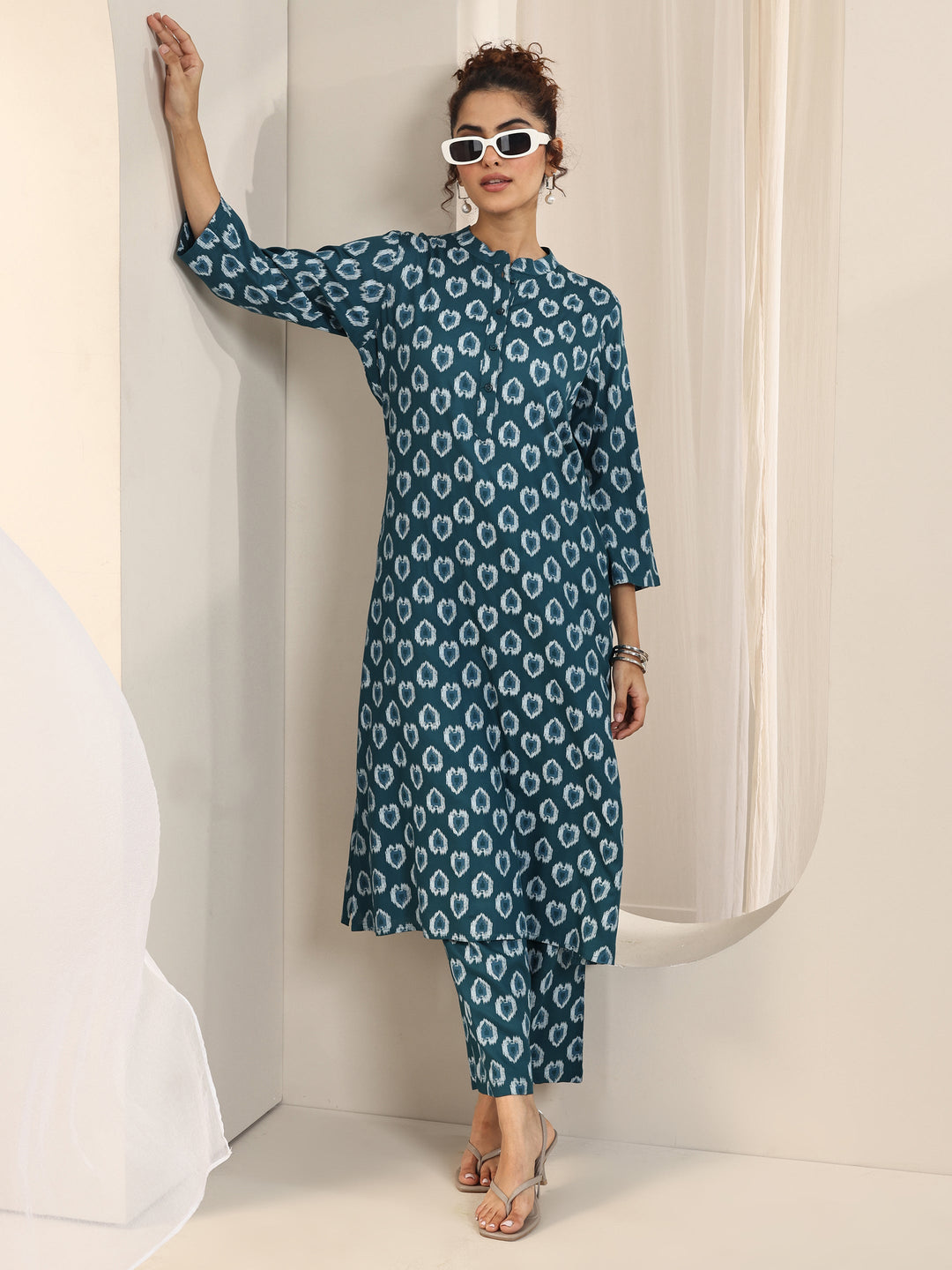 Teal Printed Rayon Straight Kurta Set