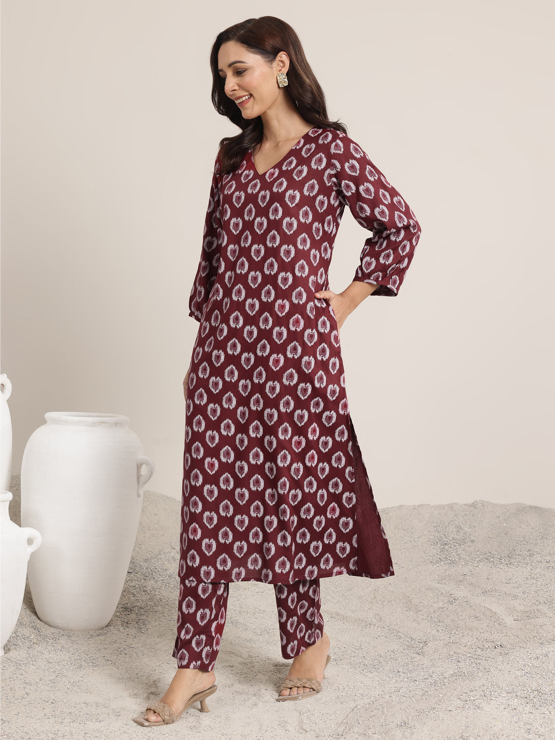 Maroon Printed Rayon Straight Kurta Set