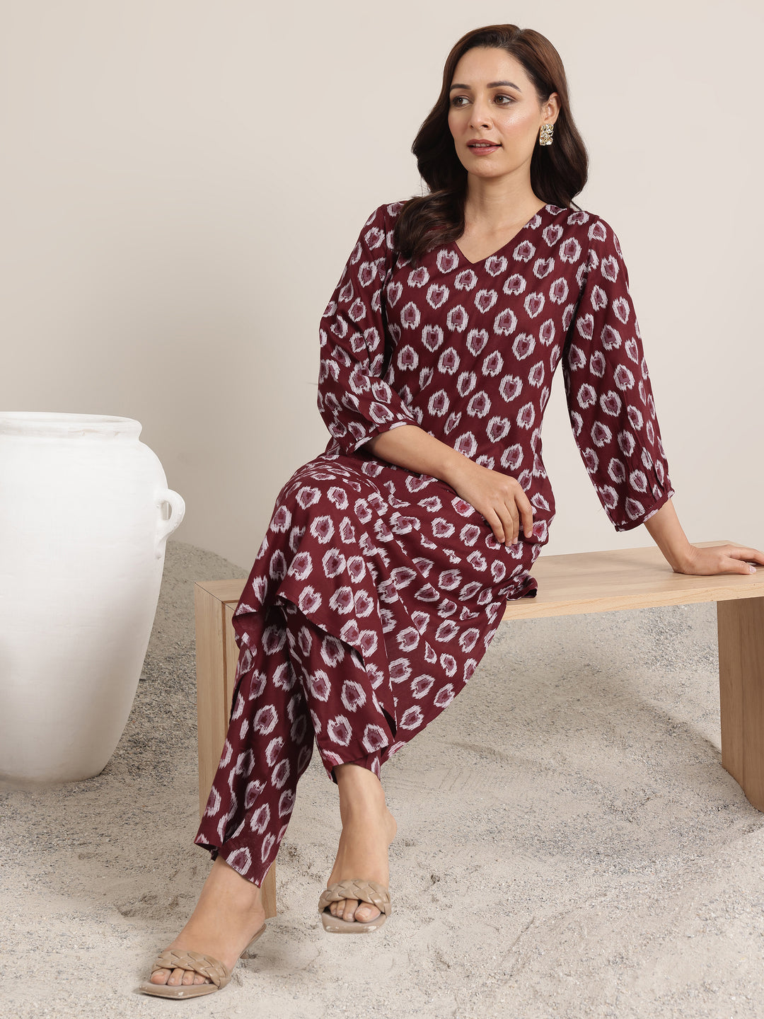 Maroon Printed Rayon Straight Kurta Set