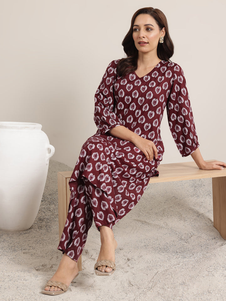 Maroon Printed Rayon Straight Kurta Set