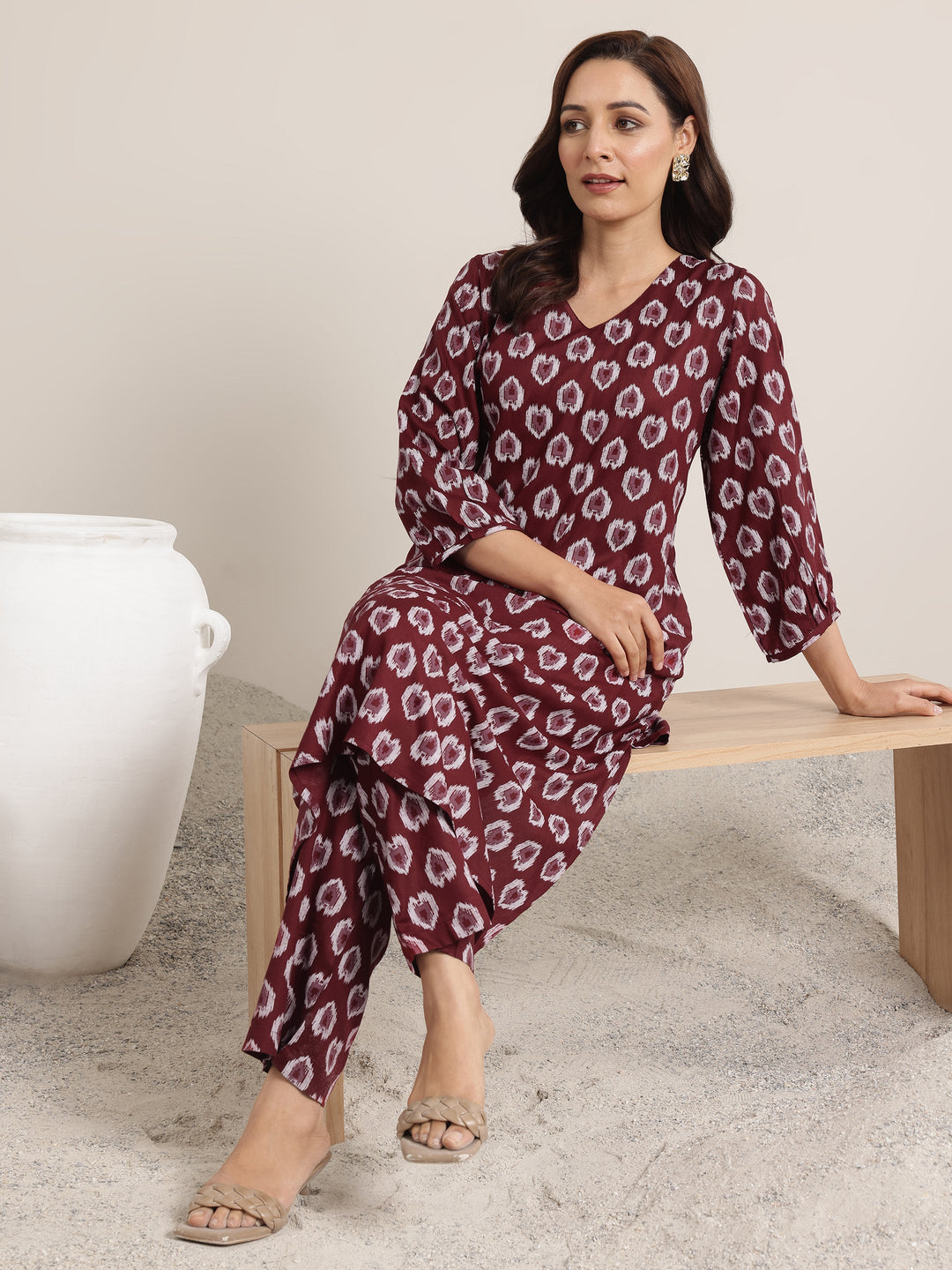 Maroon Printed Rayon Straight Kurta Set
