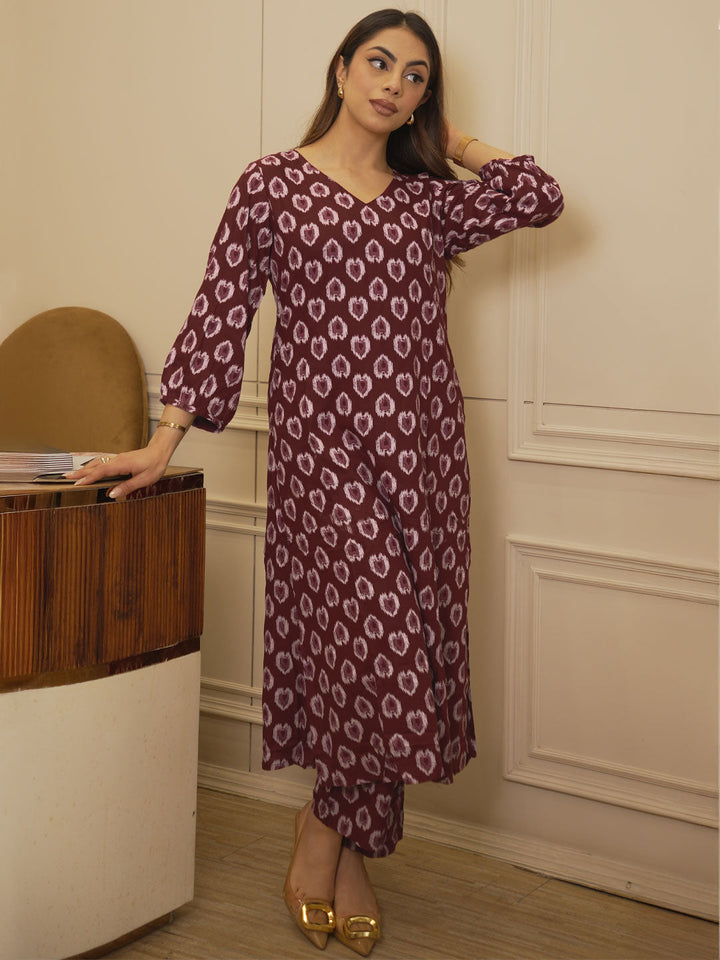 Maroon Printed Rayon Straight Kurta Set