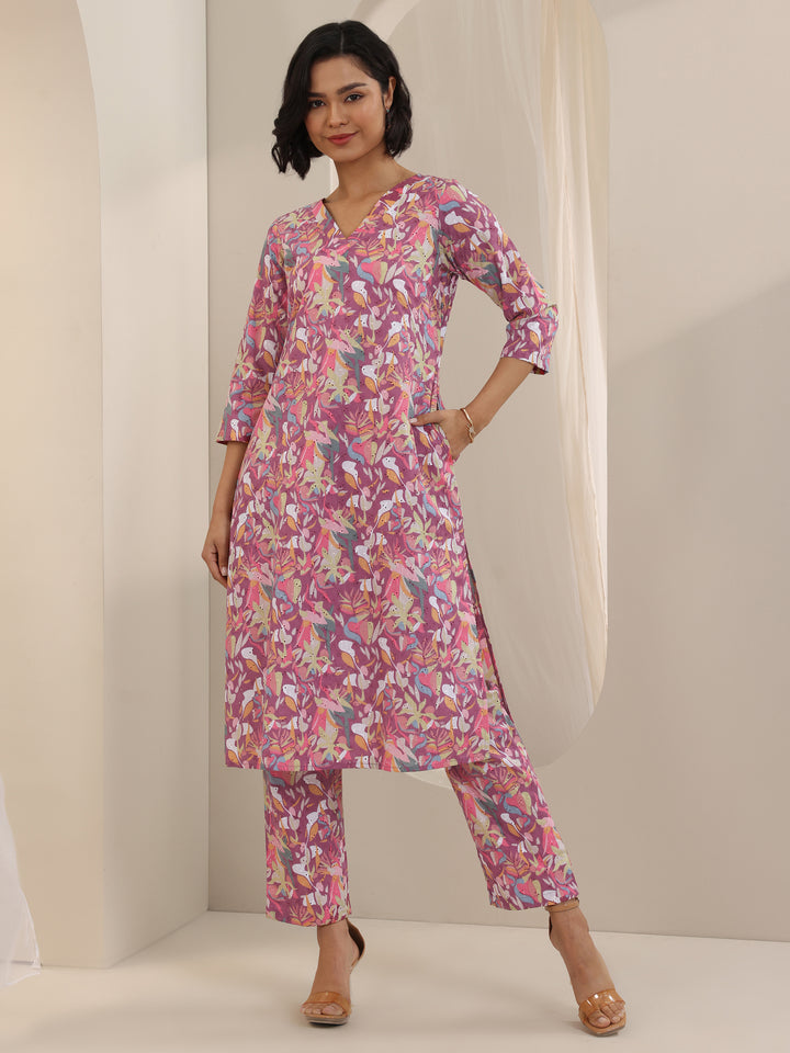 Mauve Printed Cotton Straight Kurta Set