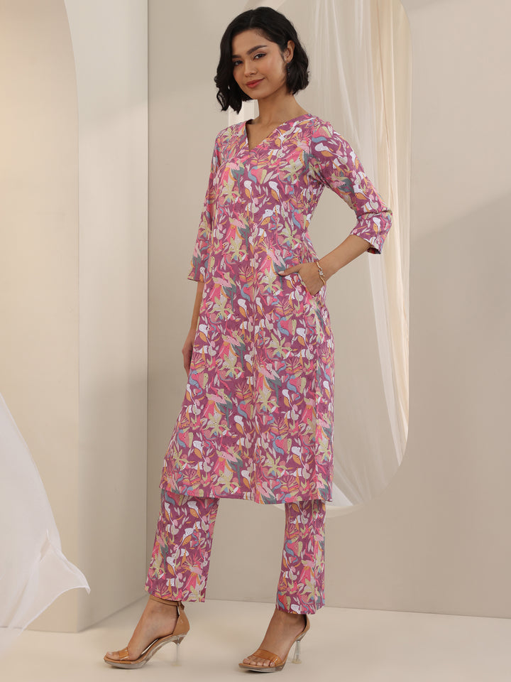Mauve Printed Cotton Straight Kurta Set