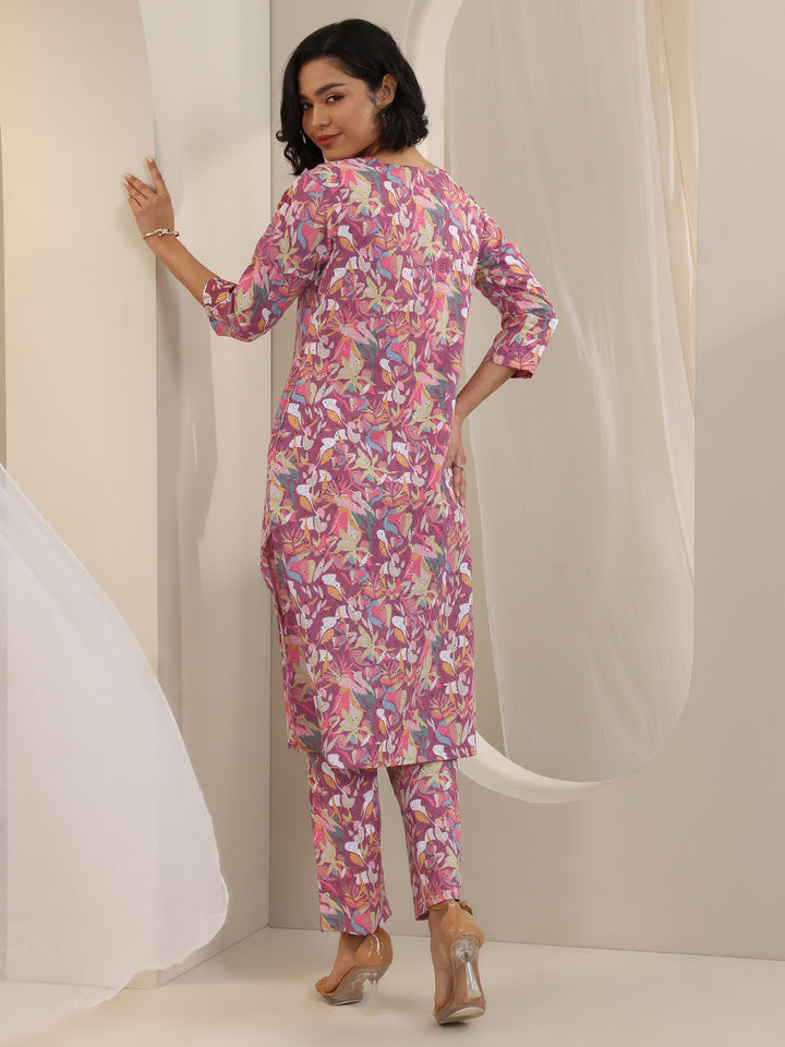 Mauve Printed Cotton Straight Kurta Set