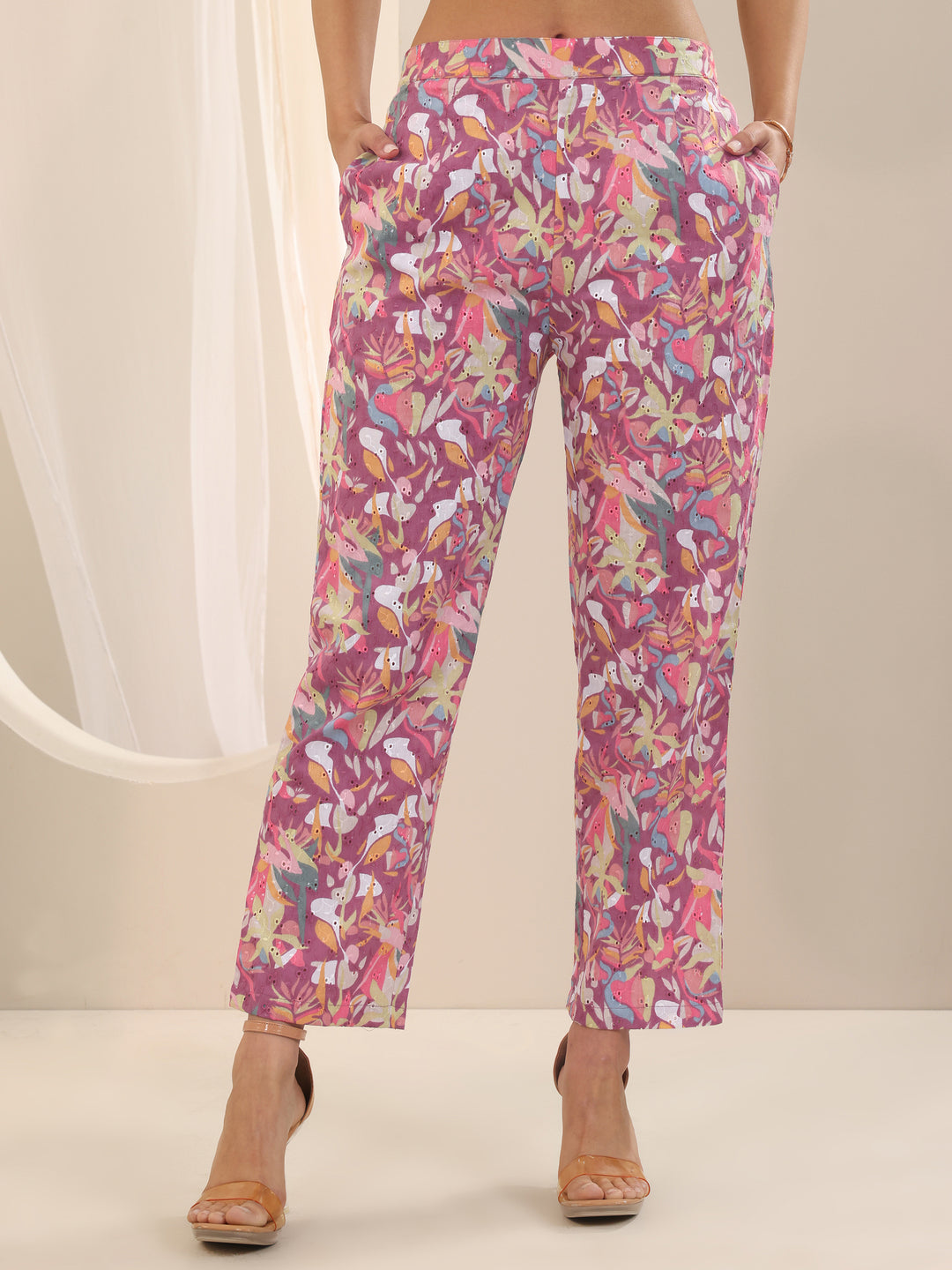 Mauve Printed Cotton Straight Kurta Set