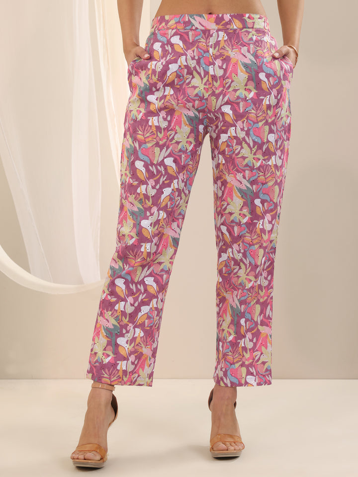 Mauve Printed Cotton Straight Kurta Set