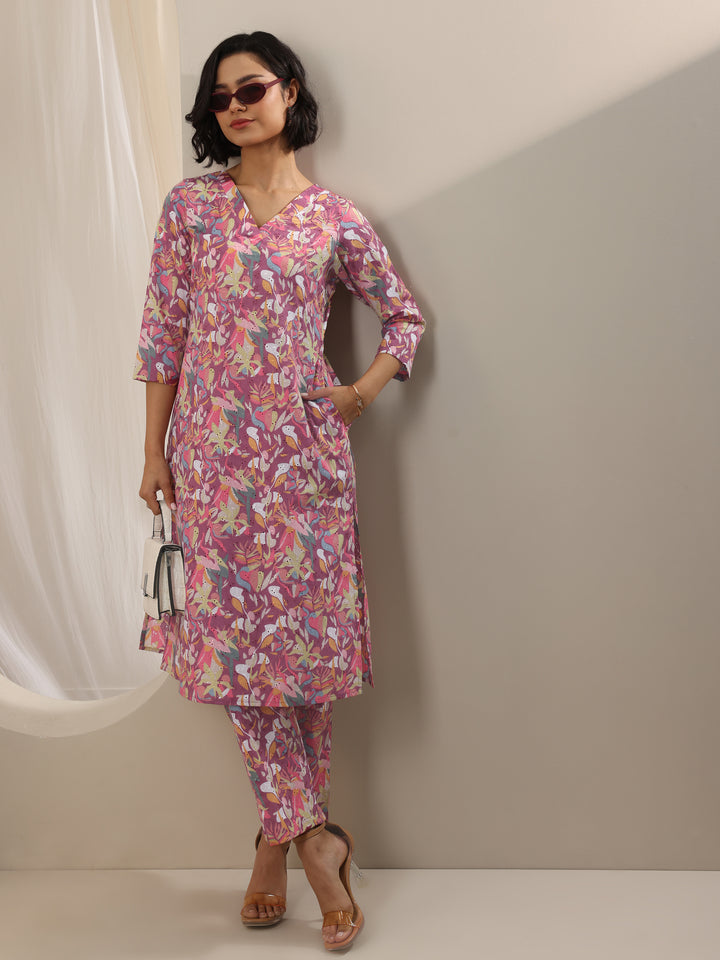 Mauve Printed Cotton Straight Kurta Set