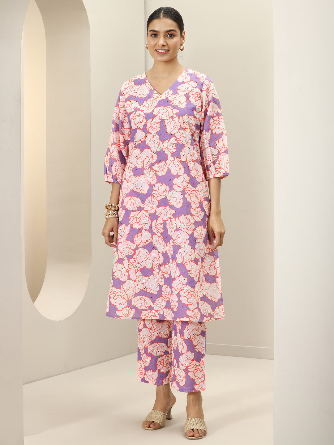 Purple Printed Cotton Straight Kurta Set