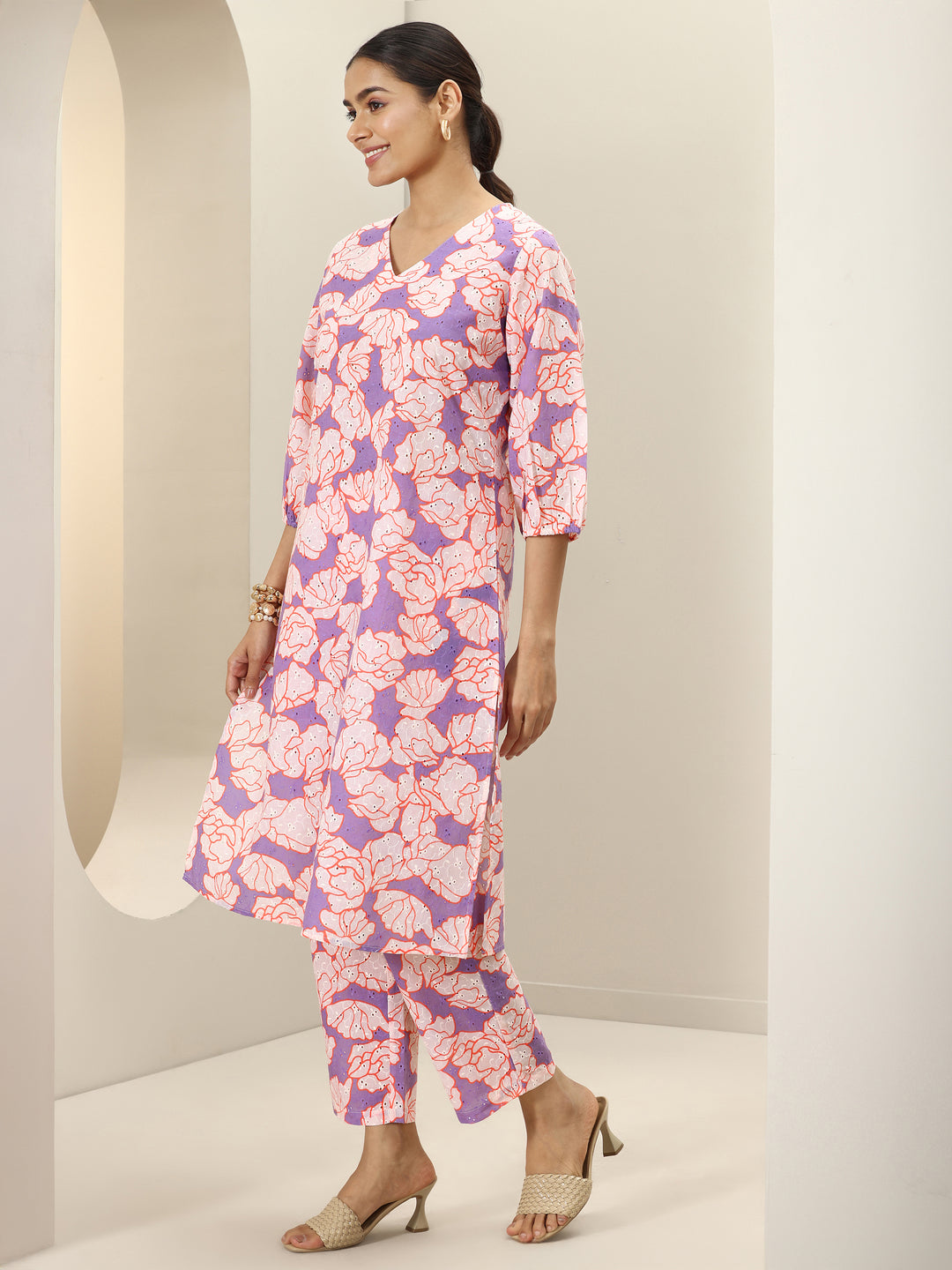 Purple Printed Cotton Straight Kurta Set