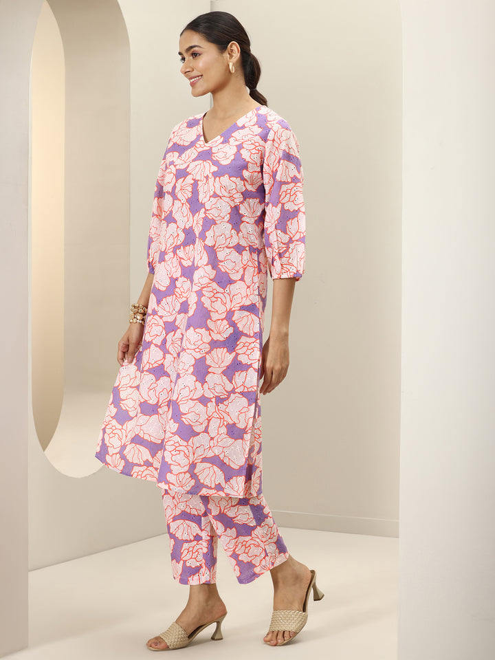Purple Printed Cotton Straight Kurta Set