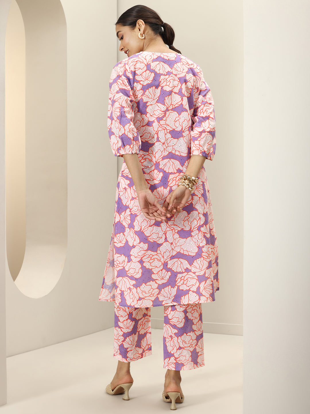 Purple Printed Cotton Straight Kurta Set