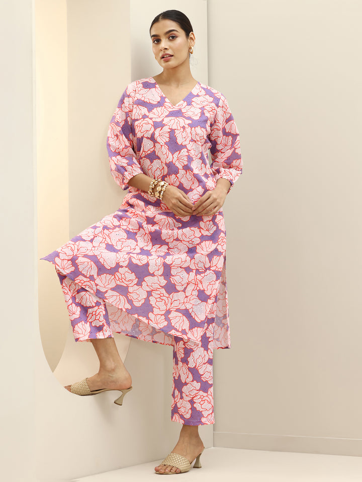 Purple Printed Cotton Straight Kurta Set