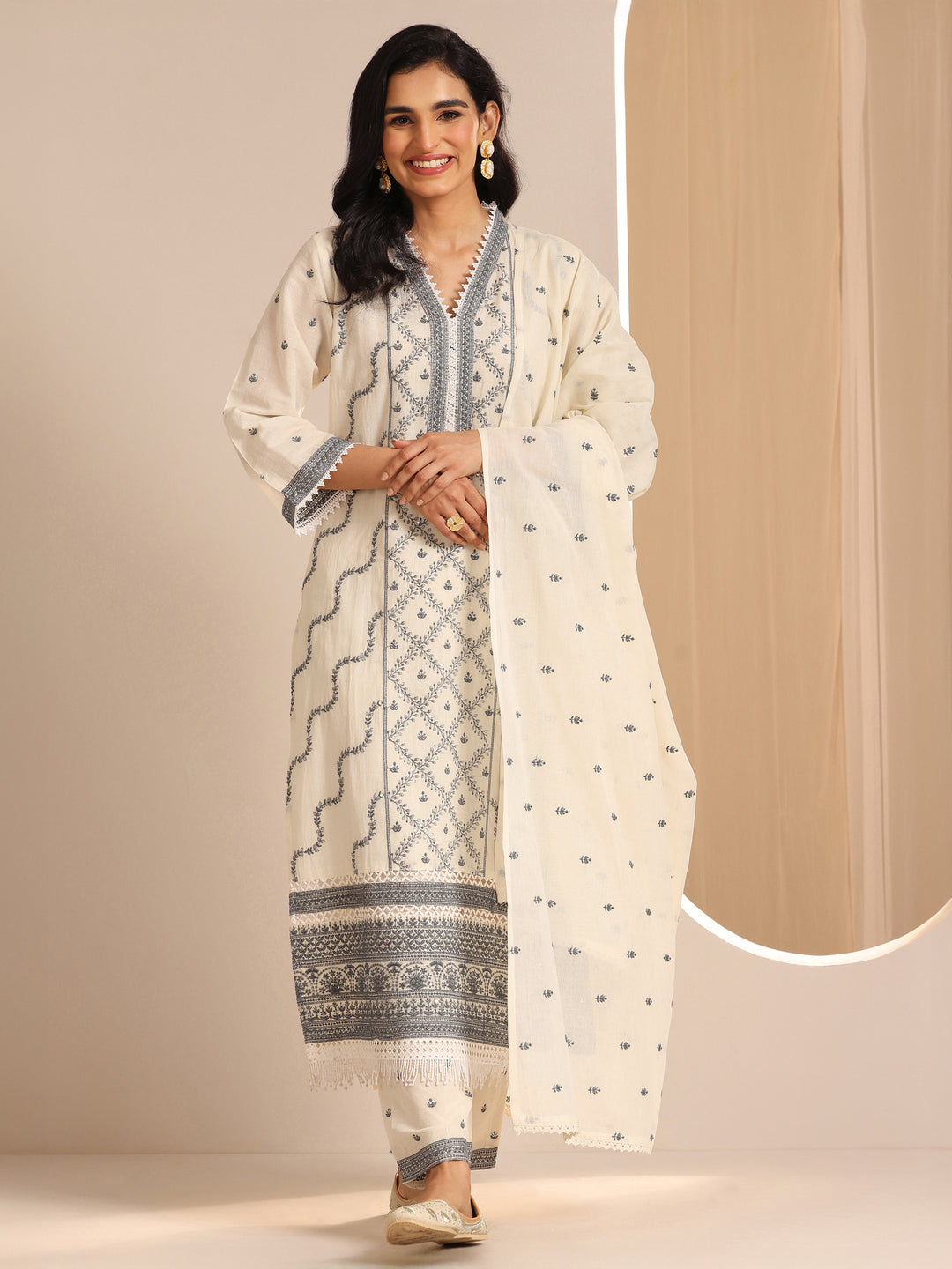 Off White Embroidered Cotton Straight Suit Set With Dupatta
