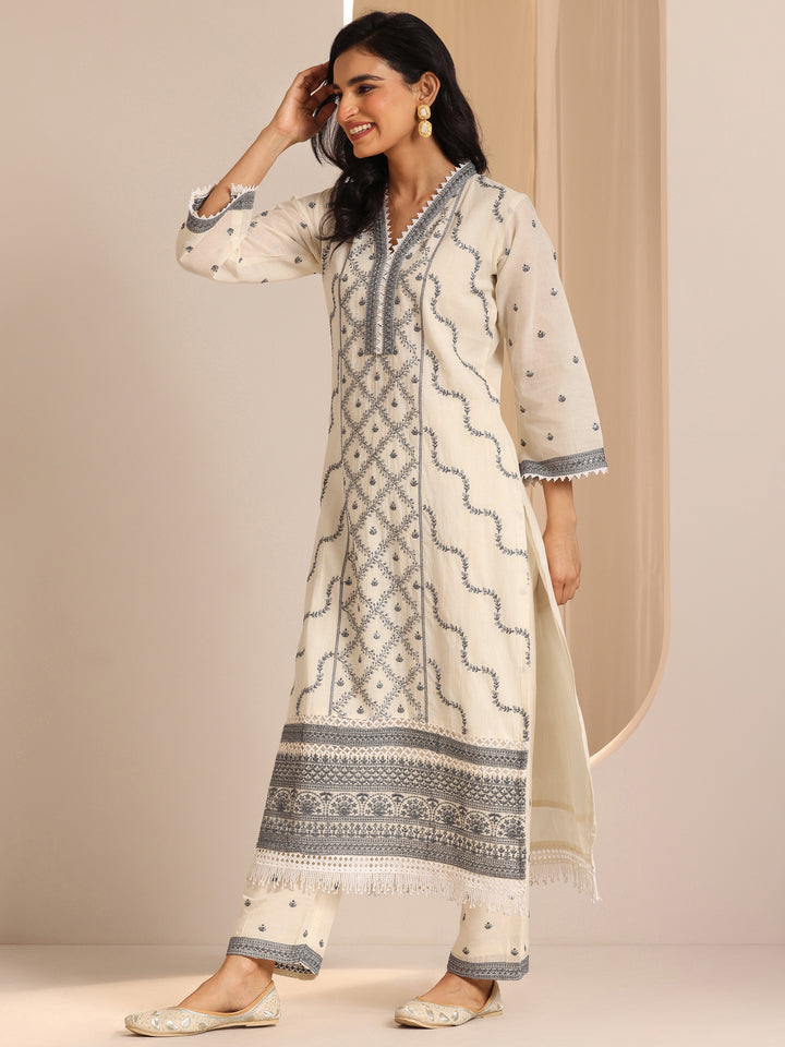 Off White Embroidered Cotton Straight Suit Set With Dupatta
