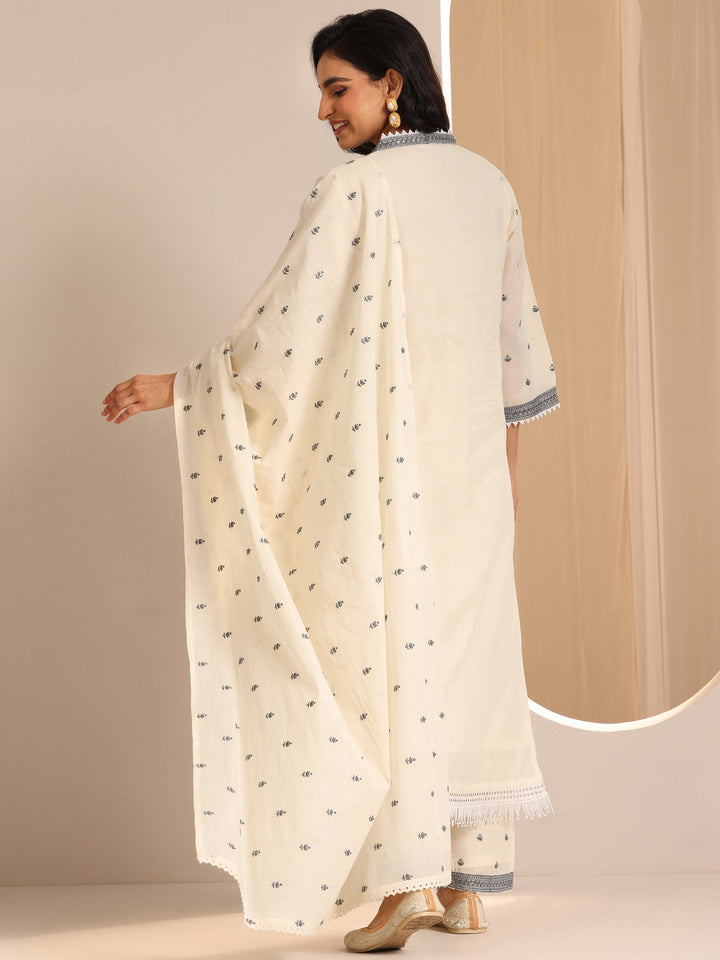 Off White Embroidered Cotton Straight Suit Set With Dupatta