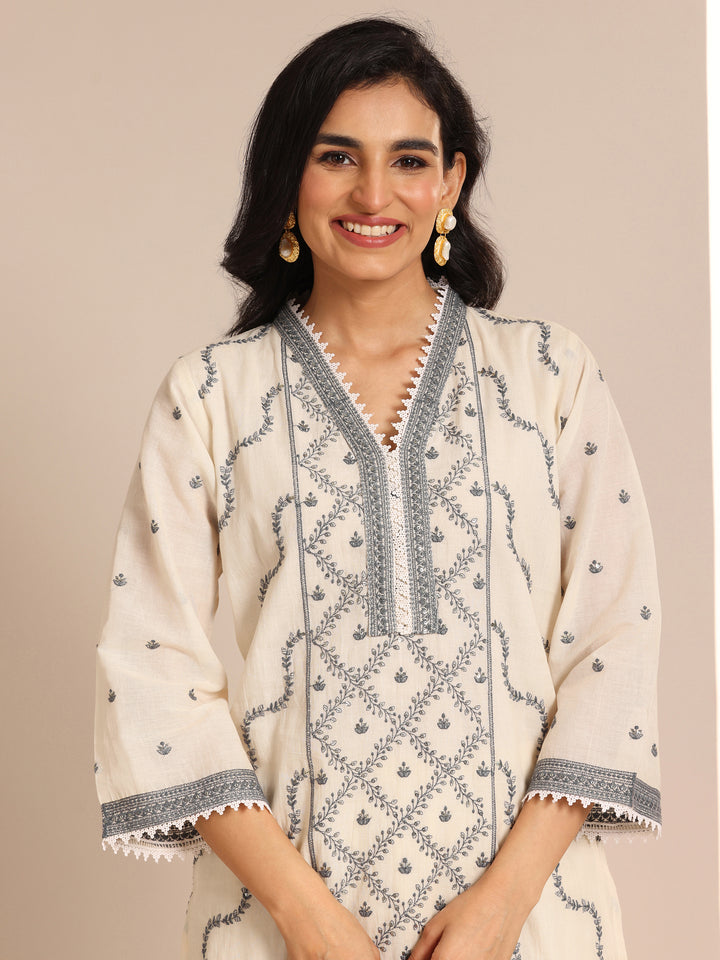 Off White Embroidered Cotton Straight Suit Set With Dupatta
