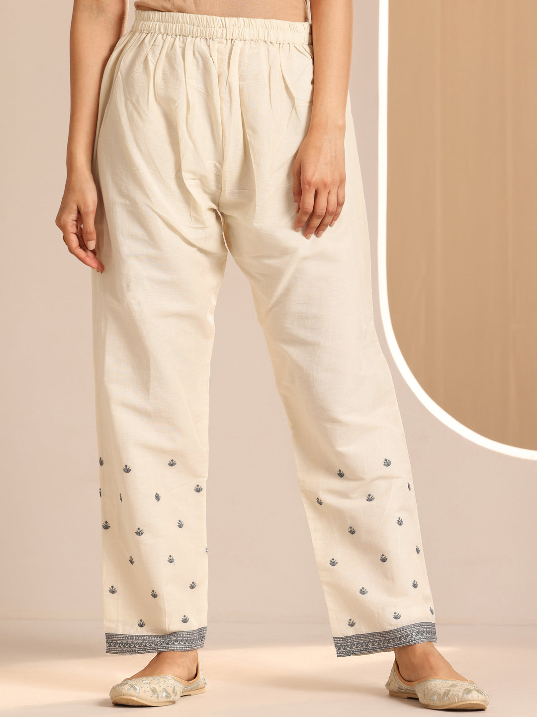 Off White Embroidered Cotton Straight Suit Set With Dupatta