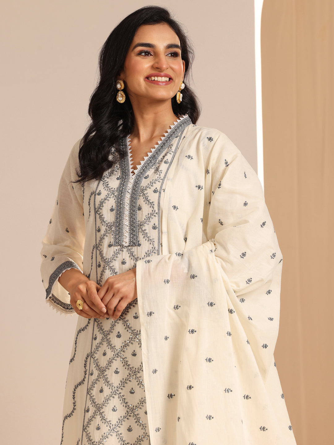 Off White Embroidered Cotton Straight Suit Set With Dupatta