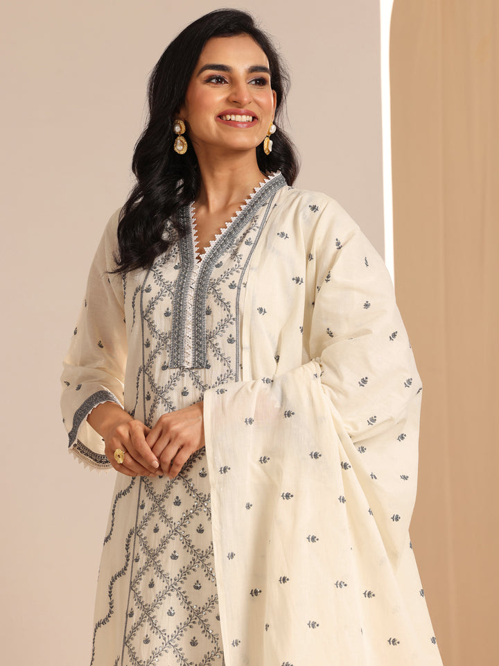 Off White Embroidered Cotton Straight Suit Set With Dupatta