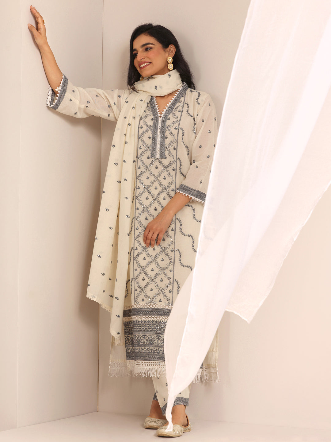 Off White Embroidered Cotton Straight Suit Set With Dupatta