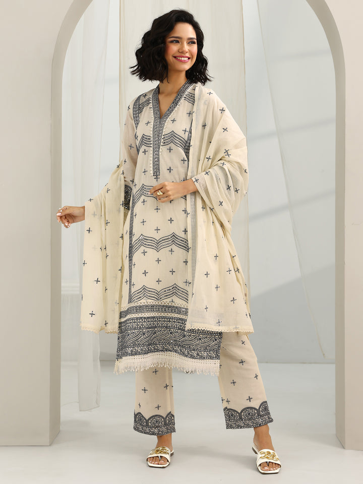 Off White Embroidered Cotton Straight Suit Set With Dupatta
