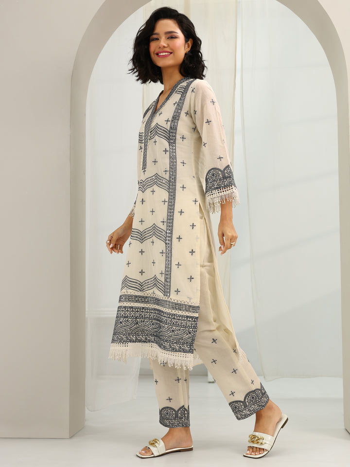 Off White Embroidered Cotton Straight Suit Set With Dupatta
