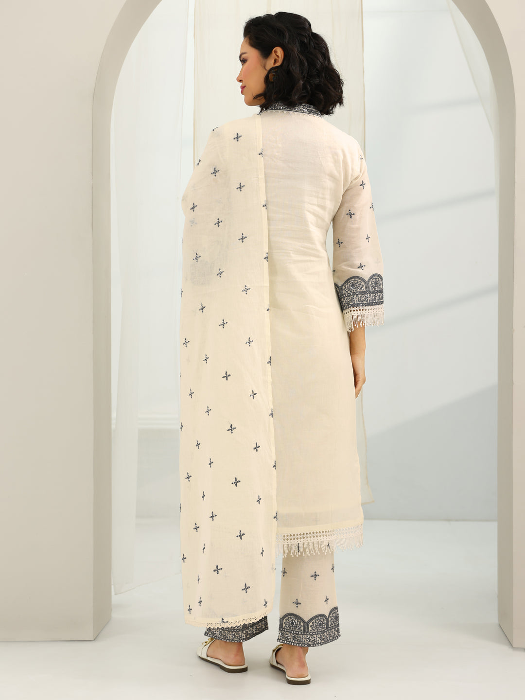 Off White Embroidered Cotton Straight Suit Set With Dupatta